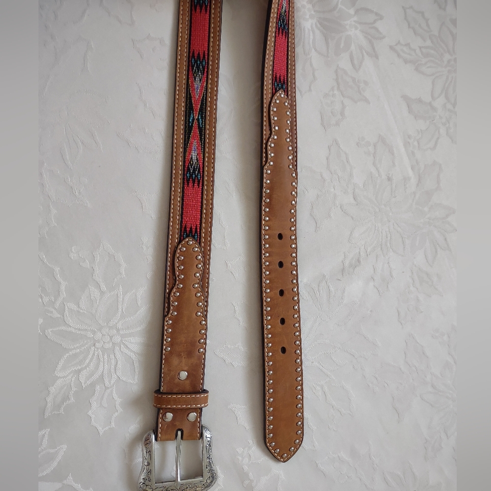 Leather Red Aztec South Western Woven Inlay Studded Silver Metallic Buckle